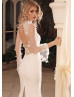 Long Sleeves Beaded Ivory Lace Satin Fairytale Wedding Dress
